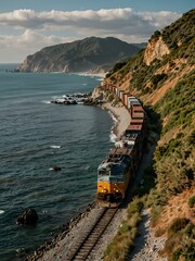 Sticker - Freight train traveling on a scenic coastal track.