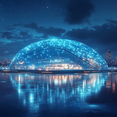 Sticker - Futuristic dome structure with lights illuminating the structure at night.