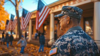 Veteran at Community Center with Patriotic Flags During Veterans Day Celebration