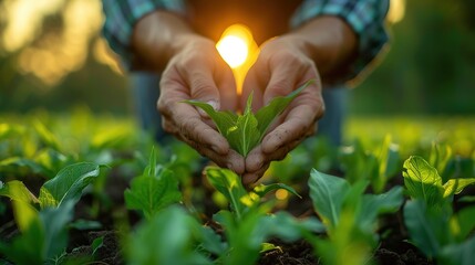 Happy agronomist inspecting crops growing in farm field 