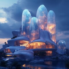 Sticker - Futuristic glass and stone building complex on a cliff, glowing with warm light at dusk.