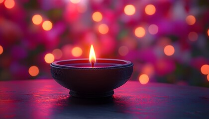 A beautiful oil lamp with a burning flame on a blurred background of lights, symbolizing the Hindu festival of Diwali celebration