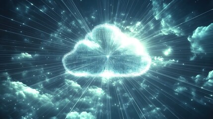 Cloud Computing - Depict a digital cloud filled with various computing services like servers, databases, and storage units, all connected and accessible through beams of light