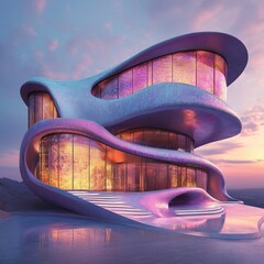 Canvas Print - Futuristic modern house with curved architecture and large windows, reflecting the sunset.