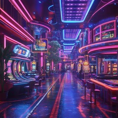 Canvas Print - Futuristic neon-lit casino with slot machines and vibrant colors.