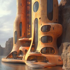 Canvas Print - Futuristic orange building with curved windows and balconies, situated on a cliff overlooking a body of water.