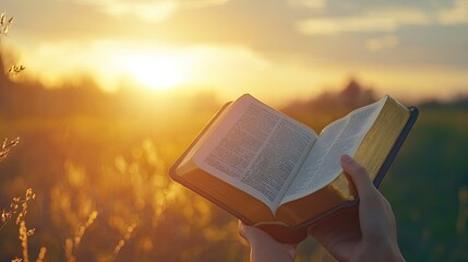 Wall Mural - A serene sunrise photo, symbolizing new beginnings and hope. A subtle glow or halo effect around the hands holding a bible, to draw attention.