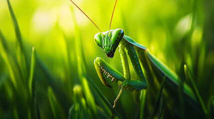 Green Praying Mantis in Grass