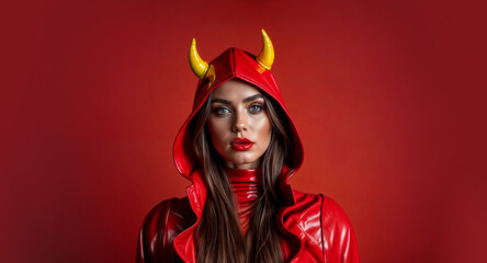 Woman in a red devil costume with yellow horns set against a red background with copy space