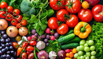 Wall Mural - Vibrant display of fresh vegetables and fruits featuring an array of tomatoes, peppers, grapes, and cucumbers arranged in colorful rows.