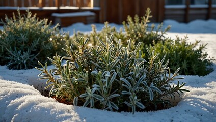 Poster - Frost-covered herb garden with rosemary, thyme, and sage, surrounded by snow.