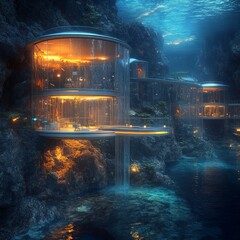 Canvas Print - Futuristic underwater homes with glowing lights.