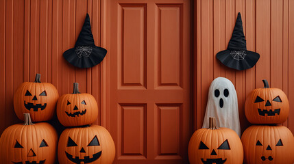 House decorated for Halloween with pumpkins and webs, witches and ghosts, generative AI