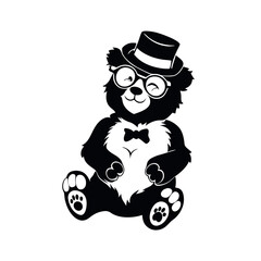 Wall Mural - a black and white illustration of a teddy bear sitting on its hind legs. The bear is wearing a top hat and glasses, and has a pair of paw prints on its feet 