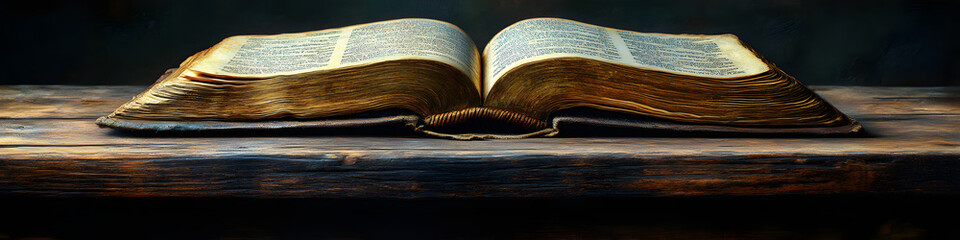 Wall Mural - “An Open Bible Resting on an Old Wooden Table, Symbolizing Faith, Tradition, and Spiritual Reflection, Capturing a Timeless and Sacred Moment of Christian Worship and Contemplation”
