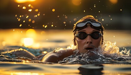 Wall Mural - Intense swimmer in goggles immersed in water against a stunning golden sunset backdrop, embodying focus and the essence of the swimming experience.