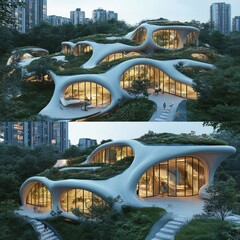 Poster - Futuristic, organic architecture building with glass windows and green roof.