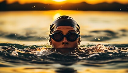 Wall Mural - Intense swimmer in goggles immersed in water against a stunning golden sunset backdrop, embodying focus and the essence of the swimming experience.