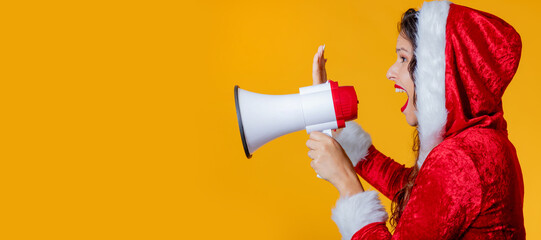 santa claus woman shouting with megaphone isolated on white background