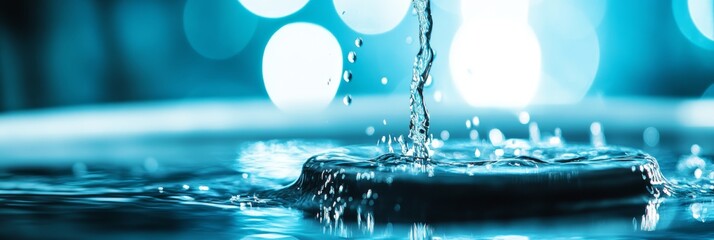 Poster - A cascade of water droplets forms ripples on the surface of a tranquil pool, softly illuminated by blue lighting