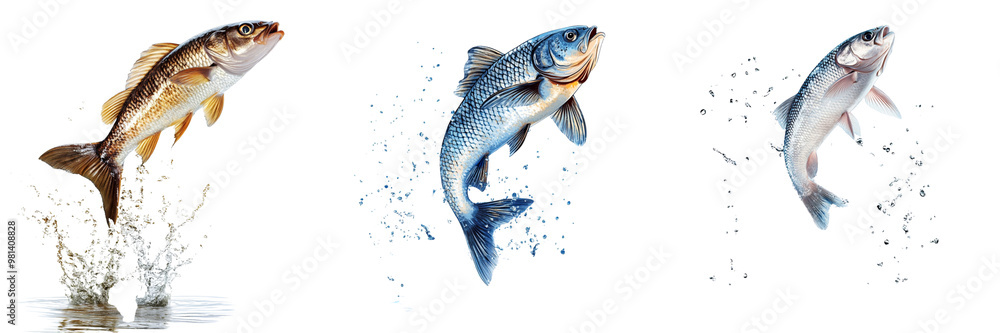 Set of A fish jumping out of water isolated on transparent background ...