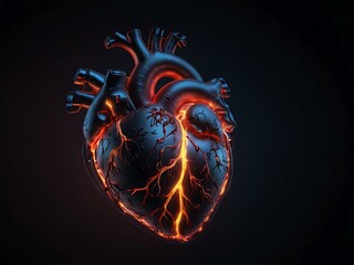 Poster - Glowing anatomical heart surrounded by electric currents on a dark background.