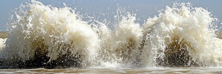 Canvas Print - Vigorous waves break dramatically on the sandy shore under a clear blue sky, showcasing the ocean's raw energy