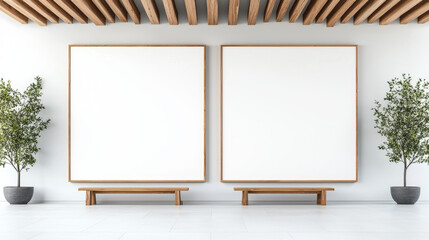 Poster - Two blank canvases hang in a minimalist room with wooden beams on the ceiling.