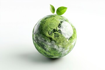 A green globe symbolizing sustainability and eco-friendliness, adorned with fresh leaves, showcases a vibrant planet Earth.