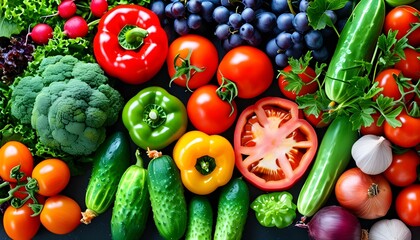 Wall Mural - Vibrant display of fresh vegetables and fruits featuring an array of tomatoes, peppers, grapes, and cucumbers arranged in colorful rows.