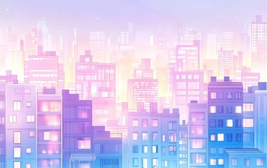 Wall Mural - A vibrant cityscape at dusk, showcasing colorful buildings illuminated by soft lights, creating a serene urban atmosphere.