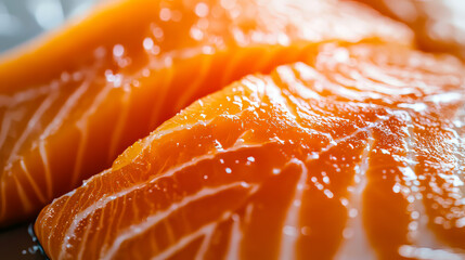 A close-up view of a delicious salmon fillet, ready to be cooked. It's sitting on a white background.