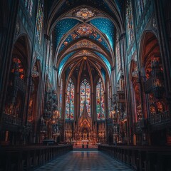 Interior of a grand church with stained glass windows and ornate ceilings.