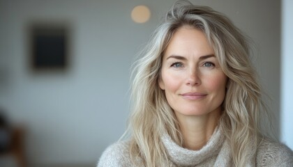 Wall Mural - portrait of scandinavian softly smiling woman is 45 years old with blond hair wearing in beige sweater with copy space, mature natural beauty