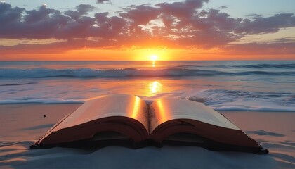 Wall Mural - Serene sunset over the ocean with an open book resting on sandy beach, inviting reflection and inspiration