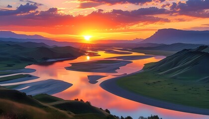 Wall Mural - Stunning sunset casts vibrant hues over a valley with a winding river and majestic distant mountains