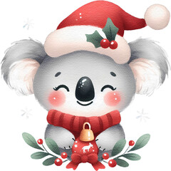 Christmas koala watercolor painting cutout png clip art transparent background