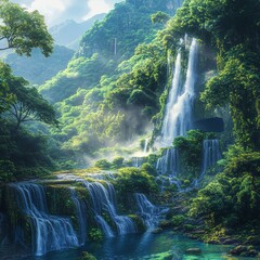 Sticker - Lush green jungle with cascading waterfalls and mist.