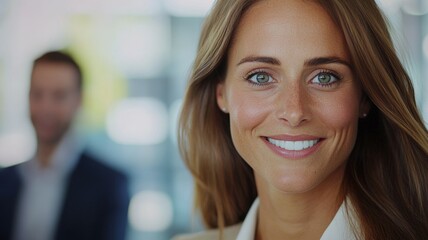 Canvas Print - A woman with long brown hair and blue eyes is smiling