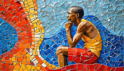 Wall Mural - Reflective figure amidst vibrant mosaic waves of red, orange, yellow tiles