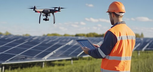 A worker uses a drone to inspect solar panels in a spacious field under clear skies, showcasing modern technology in energy management.