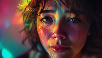 Sticker - Emotional portrait of a teary-eyed individual illuminated by dramatic, colorful lighting