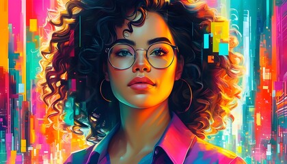 Wall Mural - Empowered Woman in Glasses Against a Luminous Cityscape with Colorful Abstract Details