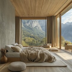 Poster - Minimalist bedroom with large window overlooking mountain landscape.