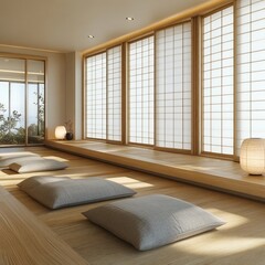 Wall Mural - Minimalist Japanese style room with tatami floor, cushions, and large windows.