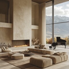 Sticker - Minimalist living room with a large window showcasing mountain views, a fireplace, and a grand piano.