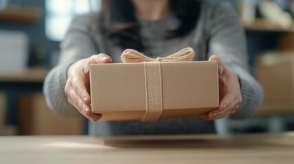 Wall Mural - A woman is holding a brown box with a bow on it