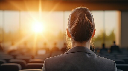 Canvas Print - A woman is sitting in a room with a view of the sun