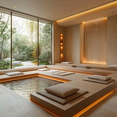 Poster - Minimalist zen room with a sunken pool, wooden platforms, and a waterfall wall.