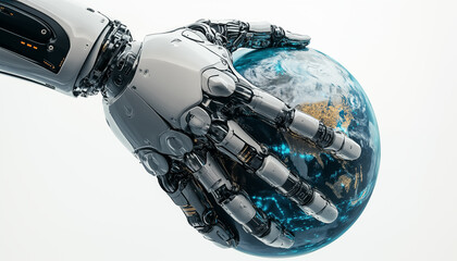 robot hand holding planet earth on white background. smart home, technologies